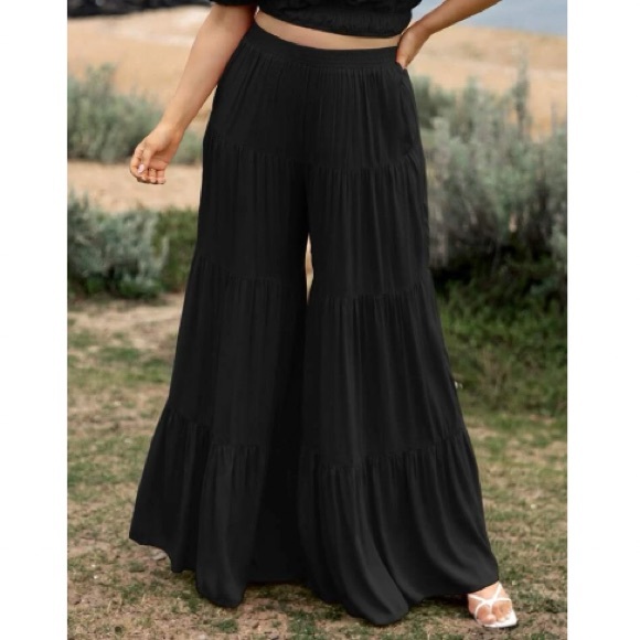 Boho plus size ruffle hem wide leg pants - Picture 1 of 7